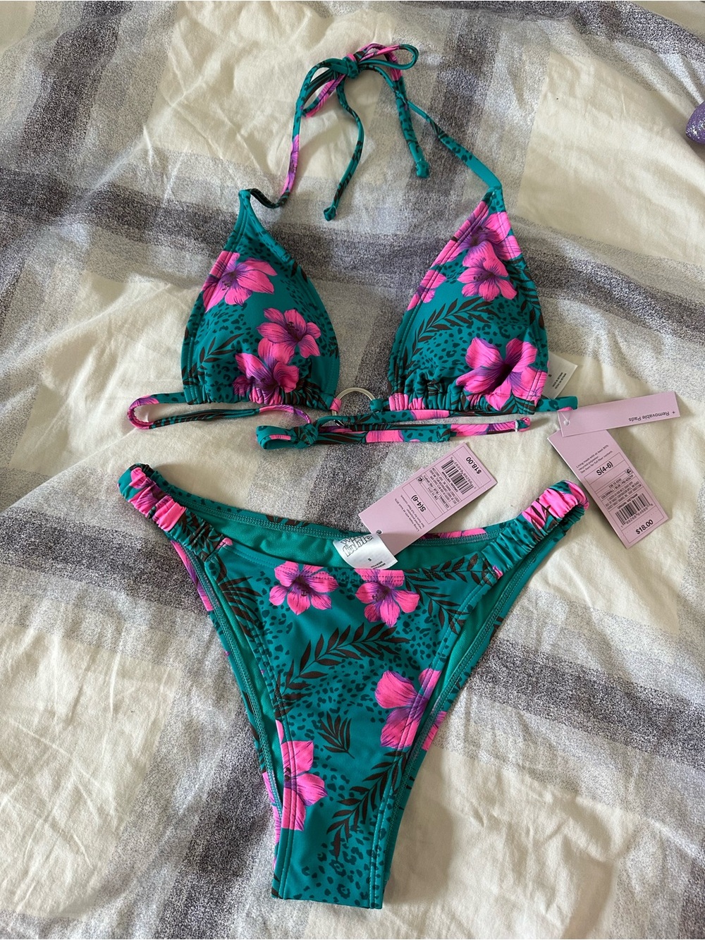 wild fable Teal Bikini Set with Bright Pink Floral Print